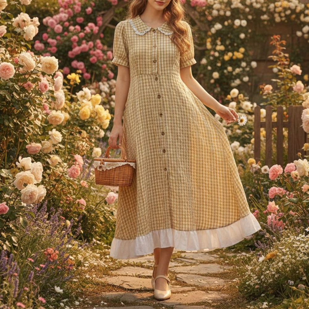 Floral Garden Midi Dress with Peter Pan Collar - Yellow Gingham